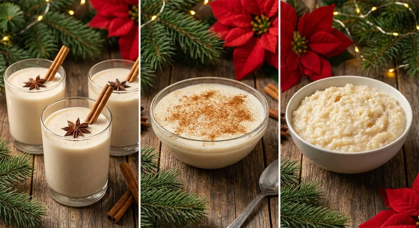 Traditional Puerto Rican Christmas drinks and desserts including coquito
